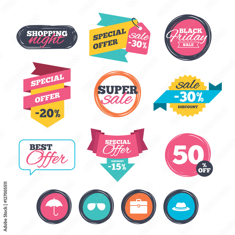 Sale stickers, online shopping. Clothing accessories icons. Umbrella and sunglasses signs. Headdress hat with business case symbols. Website badges. Black friday. Vector