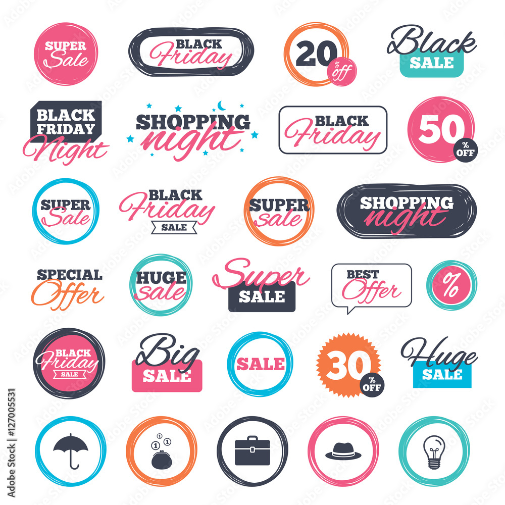 Sale shopping stickers and banners. Clothing accessories icons. Umbrella and headdress hat signs. Wallet with cash coins, business case symbols. Website badges. Black friday. Vector