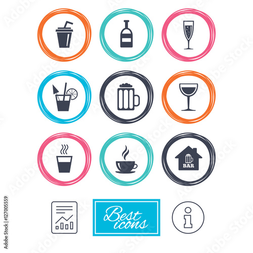 Coffee, tea icons. Beer, wine and cocktail signs. Soft and alcohol drinks symbols. Report document, information icons. Vector