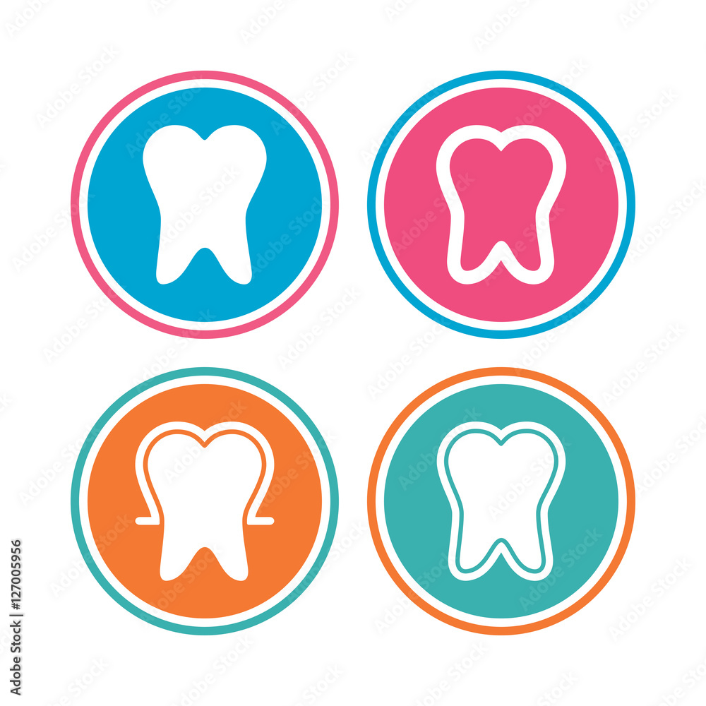 Tooth enamel protection icons. Dental care signs. Healthy teeth symbols. Colored circle buttons. Vector Tooth enamel protection icons. Dental care signs. Healthy teeth symbols. Colored circle buttons. Vector