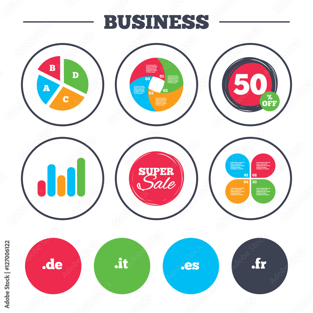 Business pie chart. Growth graph. Top-level internet domain icons. De, It, Es and Fr symbols. Unique national DNS names. Super sale and discount buttons. Vector