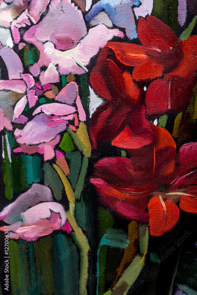 Naklejka premium painting still life oil texture, irises impressionism art, painted color image, backgrounds and wallpaper, floral pattern on canvas