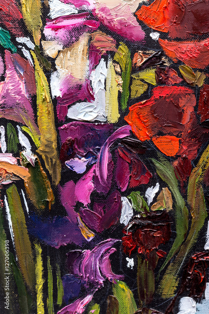 Fototapeta premium painting still life oil texture, irises impressionism art, painted color image, backgrounds and wallpaper, floral pattern on canvas