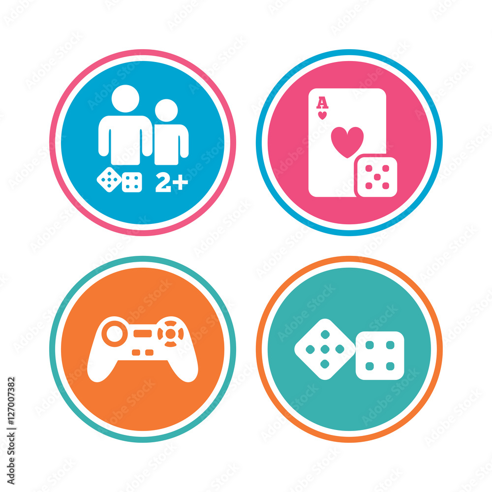 Gamer icons. Board games players signs. Video game joystick symbol. Casino playing card. Colored circle buttons. Vector