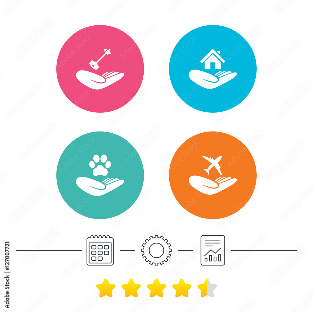 Helping hands icons. Shelter for dogs symbol. Home house or real estate and key signs. Flight trip insurance. Calendar, cogwheel and report linear icons. Star vote ranking. Vector
