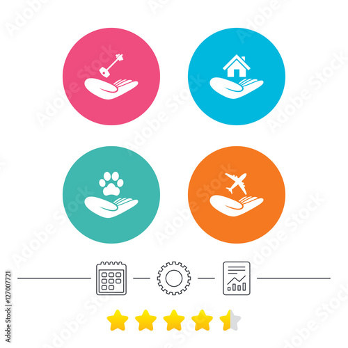 Helping hands icons. Shelter for dogs symbol. Home house or real estate and key signs. Flight trip insurance. Calendar, cogwheel and report linear icons. Star vote ranking. Vector