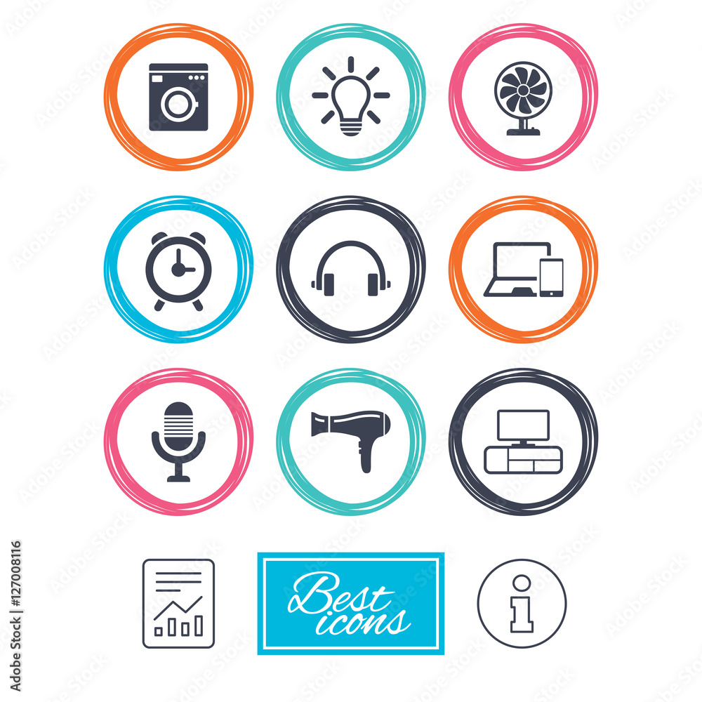 Home appliances, device icons. Ventilator sign. Hairdryer, washing machine and lamp symbols. Report document, information icons. Vector Home appliances, device icons. Ventilator sign. Hairdryer, washing machine and lamp symbols. Report document, information icons. Vector