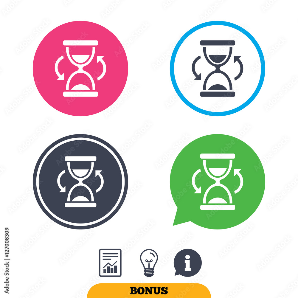 Hourglass sign icon. Sand timer symbol. Report document, information sign and light bulb icons. Vector Hourglass sign icon. Sand timer symbol. Report document, information sign and light bulb icons. Vector