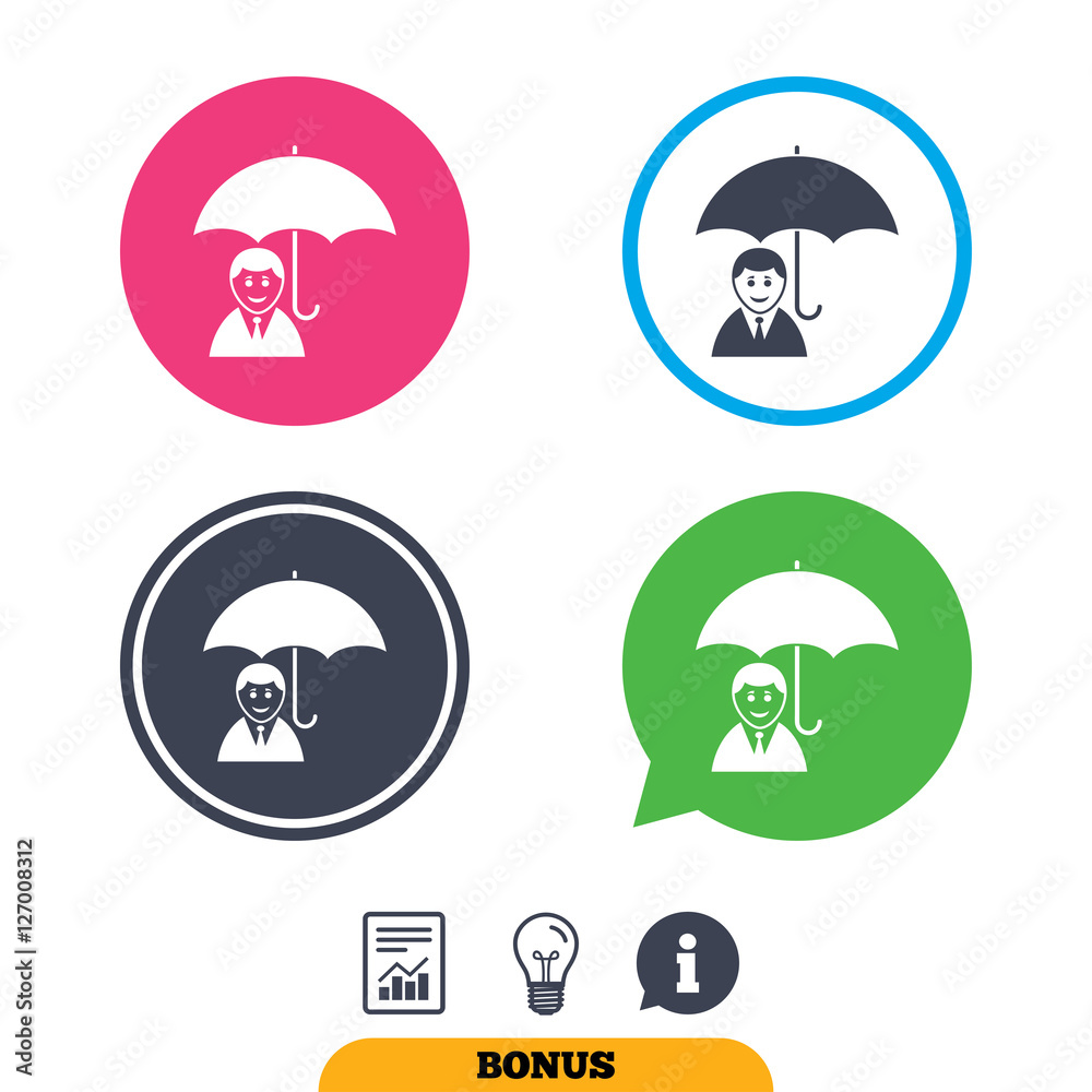 Human insurance sign icon. Man Person symbol. Report document, information sign and light bulb icons. Vector Human insurance sign icon. Man Person symbol. Report document, information sign and light bulb icons. Vector