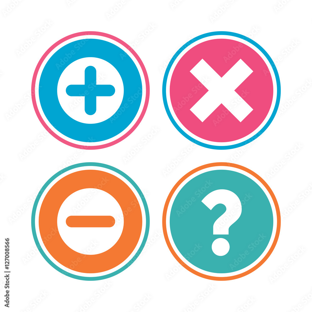 Plus and minus icons. Delete and question FAQ mark signs. Enlarge zoom symbol. Colored circle buttons. Vector Plus and minus icons. Delete and question FAQ mark signs. Enlarge zoom symbol. Colored circle buttons. Vector