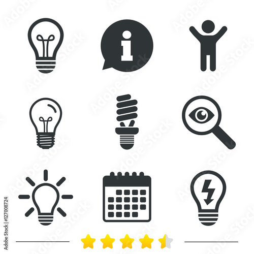 Light lamp icons. Fluorescent lamp bulb symbols. Energy saving. Idea and success sign. Information, light bulb and calendar icons. Investigate magnifier. Vector