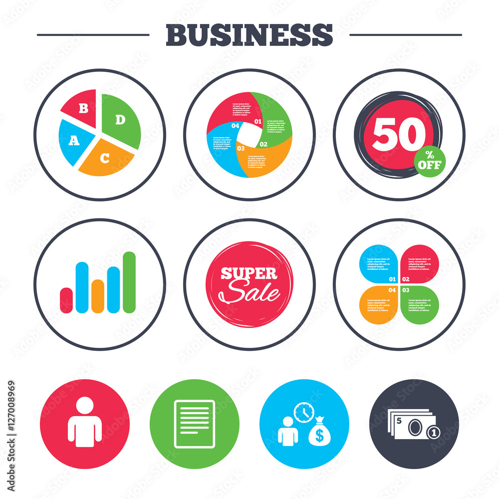 Business pie chart. Growth graph. Bank loans icons. Cash money bag symbol. Apply for credit sign. Fill document and get cash money. Super sale and discount buttons. Vector