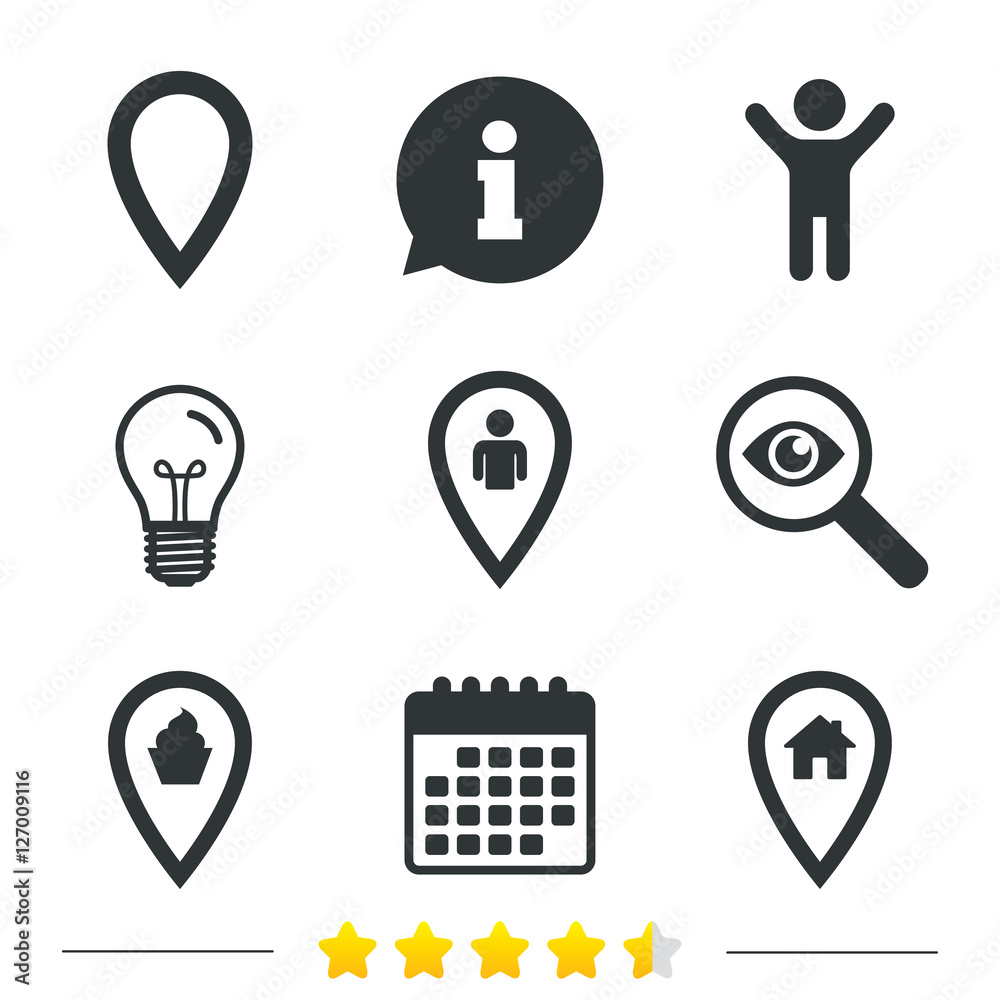 Map pointer icons. Home, food and user location symbols. Restaurant and cupcake signs. You are here. Information, light bulb and calendar icons. Investigate magnifier. Vector Map pointer icons. Home, food and user location symbols. Restaurant and cupcake signs. You are here. Information, light bulb and calendar icons. Investigate magnifier. Vector