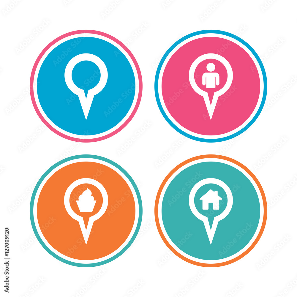 Map circle pointer icons. Home, food and user location symbols. Restaurant and cupcake signs. You are here. Colored circle buttons. Vector Map circle pointer icons. Home, food and user location symbols. Restaurant and cupcake signs. You are here. Colored circle buttons. Vector