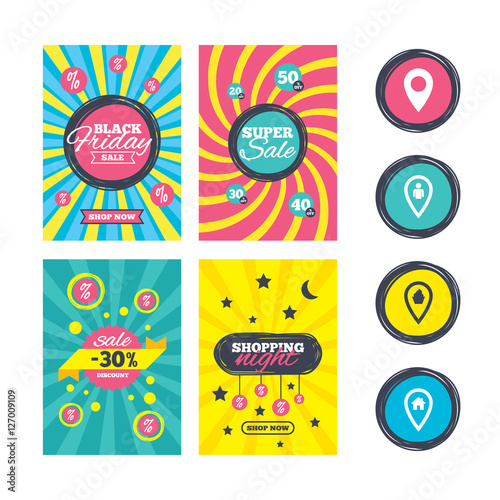 Sale website banner templates. Map pointer icons. Home, food and user location symbols. Restaurant and cupcake signs. You are here. Ads promotional material. Vector