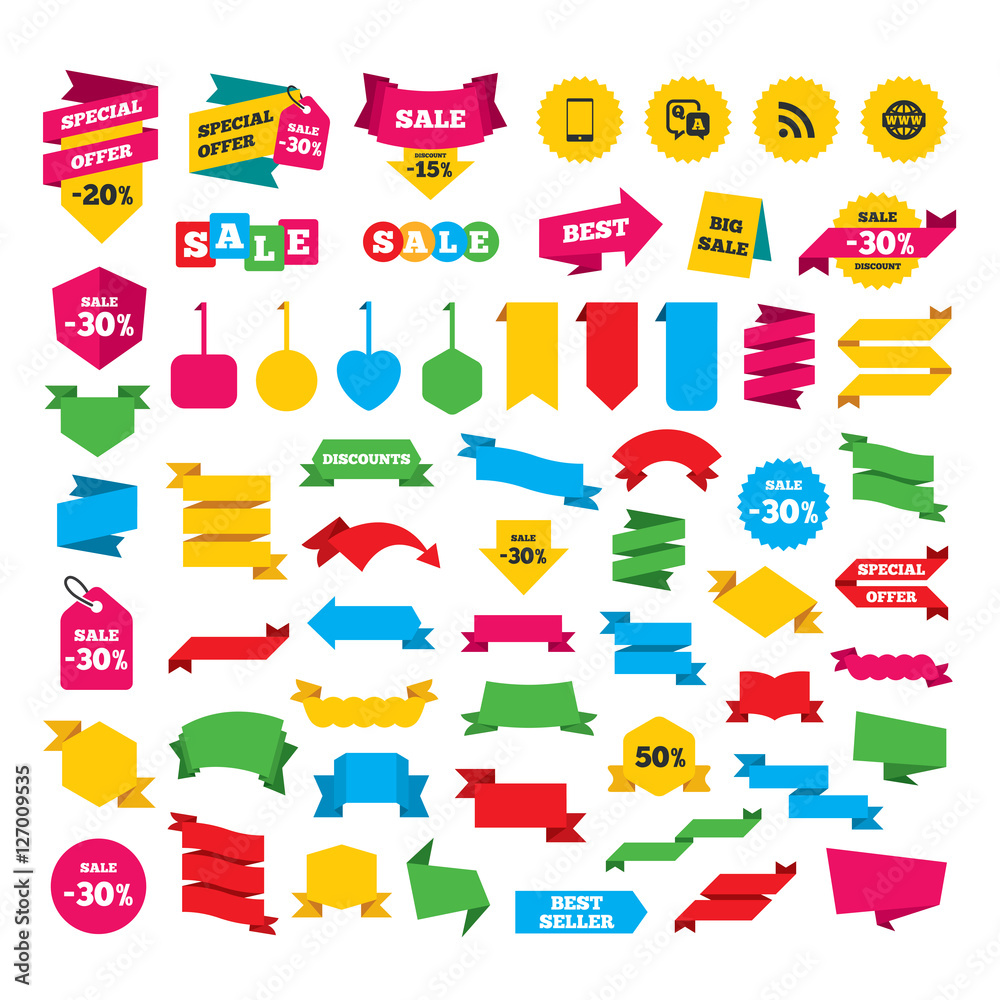 Web stickers, banners and labels. Question answer icon. Smartphone and Q&A chat speech bubble symbols. RSS feed and internet globe signs. Communication Special offer tags. Vector Web stickers, banners and labels. Question answer icon. Smartphone and Q&A chat speech bubble symbols. RSS feed and internet globe signs. Communication Special offer tags. Vector