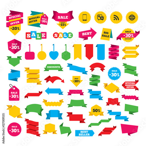 Web stickers, banners and labels. Question answer icon.  Smartphone and Q&A chat speech bubble symbols. RSS feed and internet globe signs. Communication Special offer tags. Vector