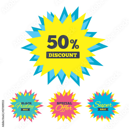 Sale stickers and banners. 50 percent discount sign icon. Sale symbol. Special offer label. Star labels. Vector
