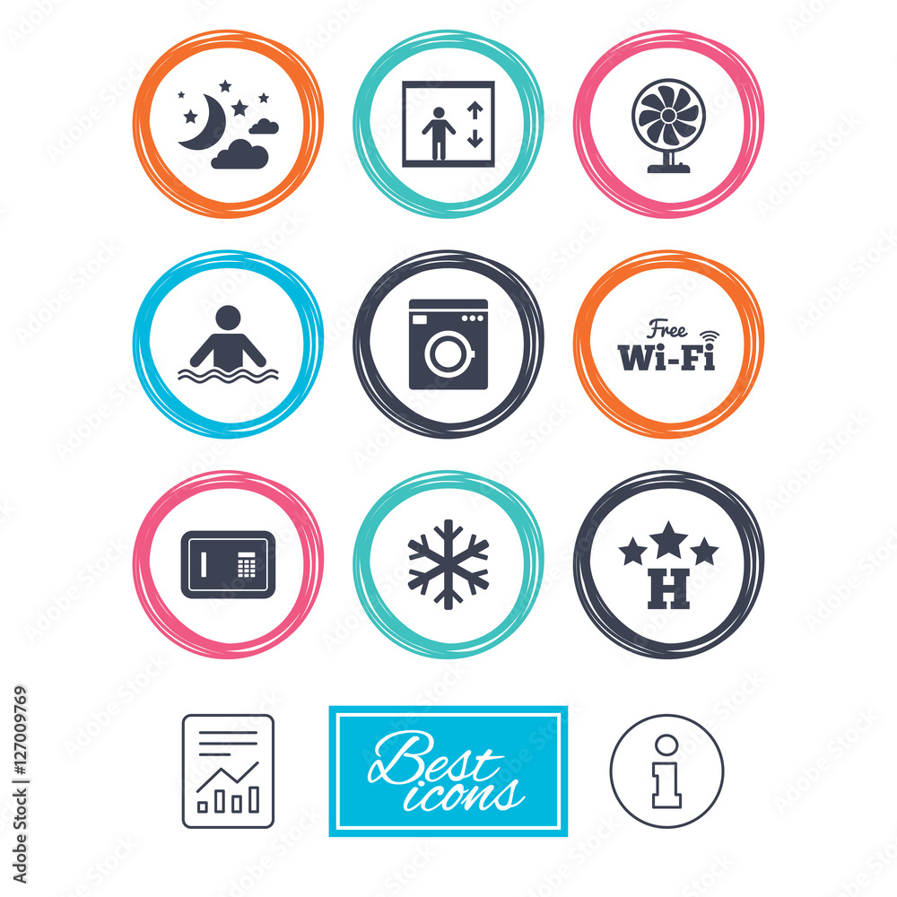 Hotel, apartment service icons. Washing machine. Wifi, air conditioning and swimming pool symbols. Report document, information icons. Vector