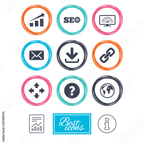 Internet, seo icons. Bandwidth speed, download arrow and mail signs. Hyperlink, monitoring symbols. Report document, information icons. Vector