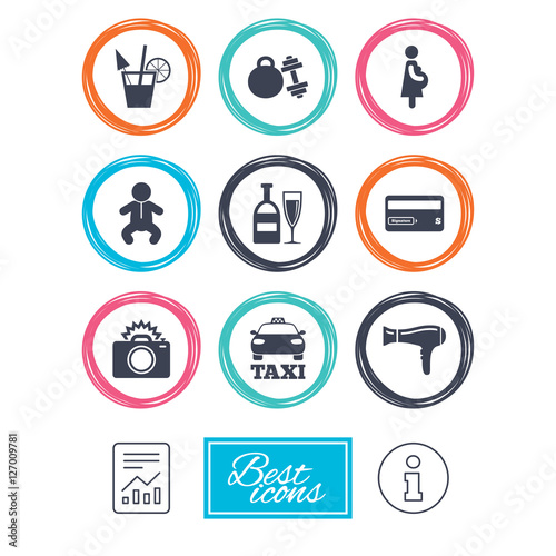 Hotel, apartment service icons. Fitness gym. Alcohol cocktail, taxi and hairdryer symbols. Report document, information icons. Vector