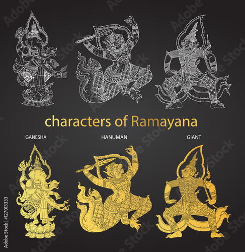 set action characters of Ramayana,thai tradition style vector