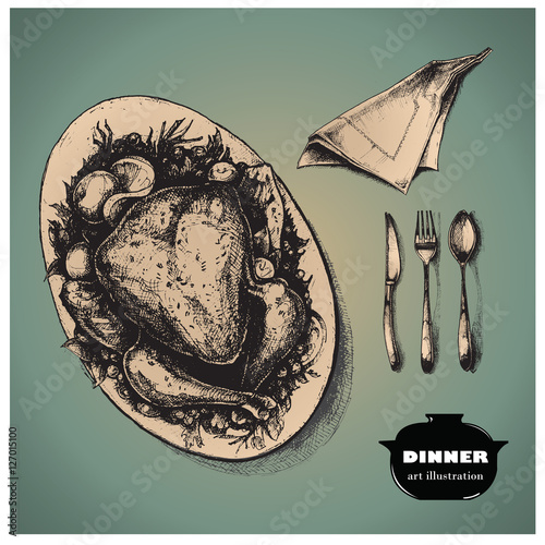 Turkey or chicken dinner. Vector art illustration.