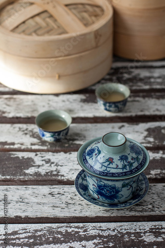 Chinese tea set and bamboo steamers 