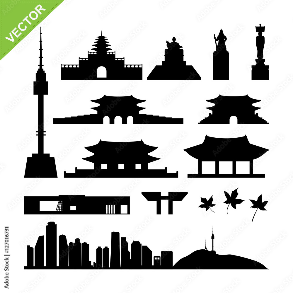 Ταπετσαρία Seoul, South Korea landmark silhouettes vector
