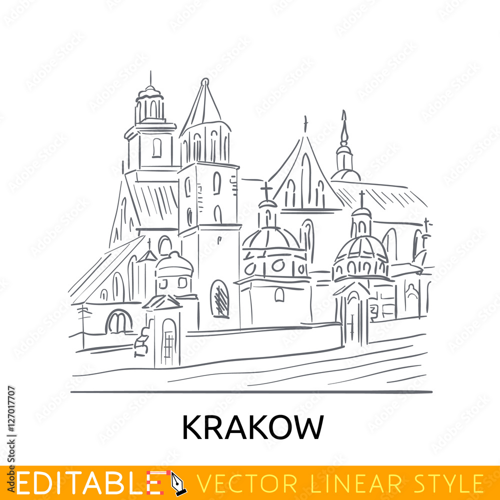Outline sketch Krakow. Famouse building. Wawel Royal Castle Tourism in Poland