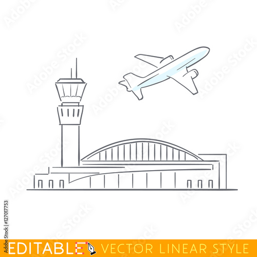 Plane taking off at the airport. Airbus departs. Outline sketch illustration.