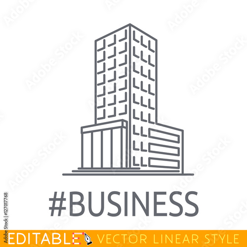 Hashtag Business building of big company. Sketch line flat design icon commerce architecture. Modern vector illustration concept.