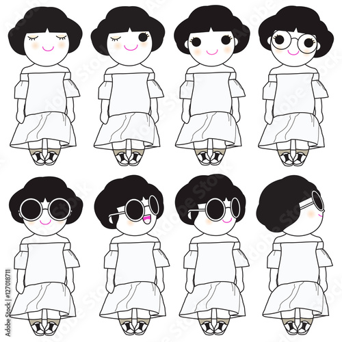 Trendy Beautiful Girls In Chic White Open Shoulder Dress Character illustration set