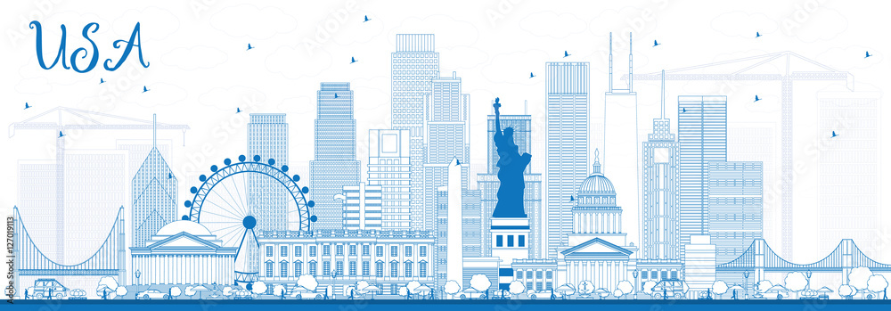 Outline USA Skyline with Blue Skyscrapers and Landmarks.