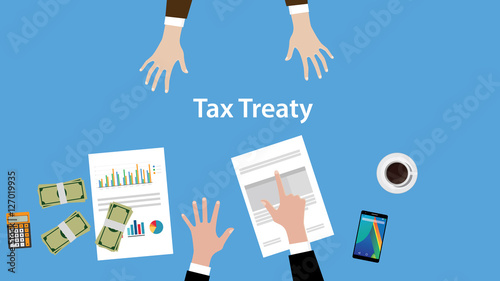 tax treaty concept illustration with two business man negotiate on the table view from top photo