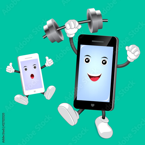 Smartphone Charater lifting weight. Vecter illustration isolated on green background. great for technology concept design.