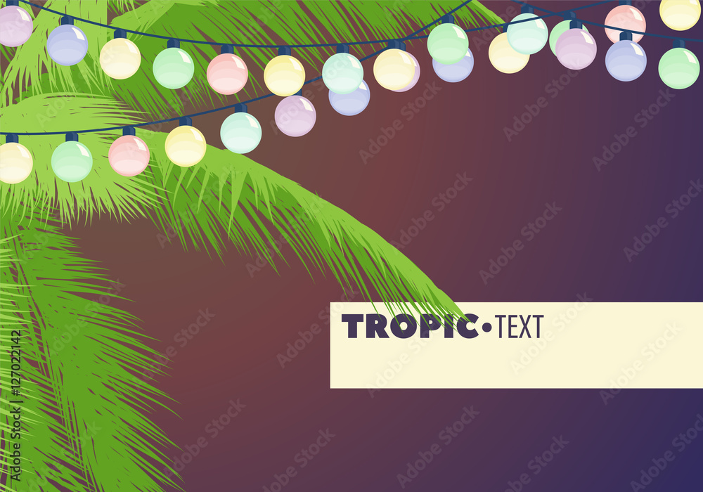 Fototapeta premium Leaves of palm trees decorated with garland