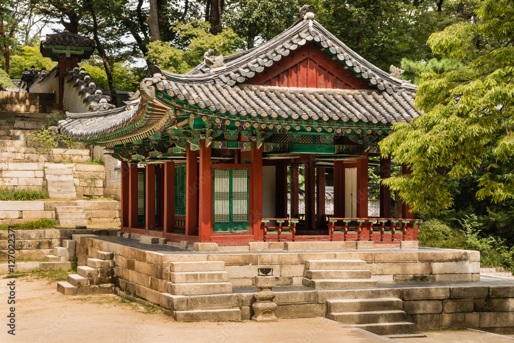 traditional wooden pavilion in Secret Garden of Changdeokgung Palace in Seoul, South Korea