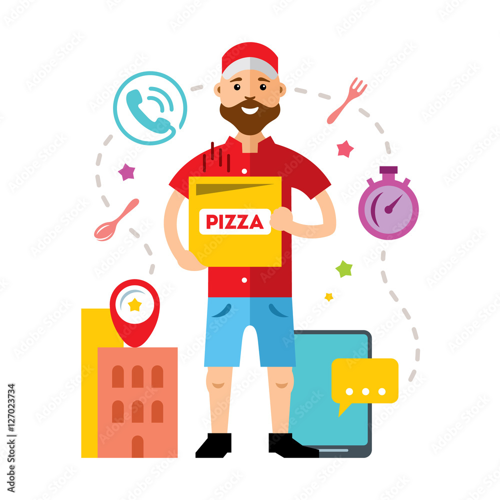 Vector Pizza Delivery. Flat style colorful Cartoon illustration.