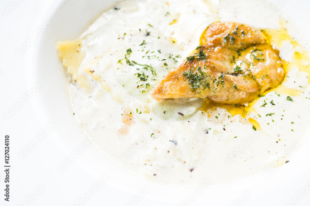 Foie gras with penne cream sauce