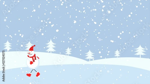 Cute snowman skating on frozen lake. Looped animation
