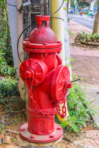 Obraz na płótnie Red fire hydrant on a street near the sidewalk w salonie