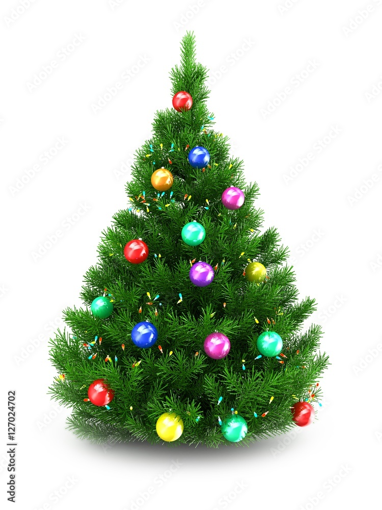 3d illustration of green Christmas tree over white background with lights and colorful balls 3d illustration of green Christmas tree over white background with lights and colorful balls
