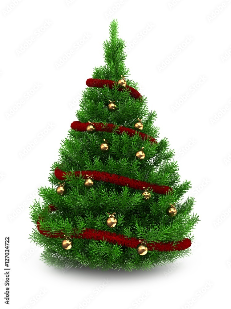 3d illustration of green Christmas tree over white background with red tinsel and golden balls 3d illustration of green Christmas tree over white background with red tinsel and golden balls