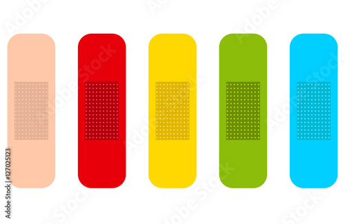Colored medicine plasters. Isolated set with five colors. Flat vector illustrations. Vector EPS10.