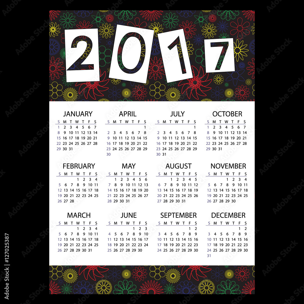 2017 simple business wall calendar with outline color floral pattern eps10