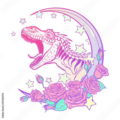 Detailed sketch style drawing of the roaring tyrannosaurus rex on Kawaii Moon and roses frame. Tattoo design. Concept art. Pastel goth pallette. EPS10 vector illustration isolated on white background.