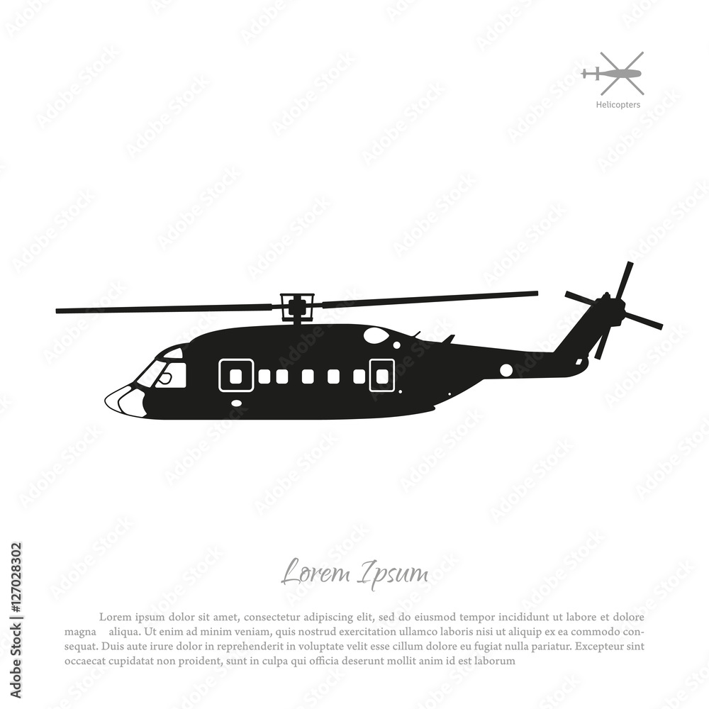 Black helicopter silhouette on a white background. Side view