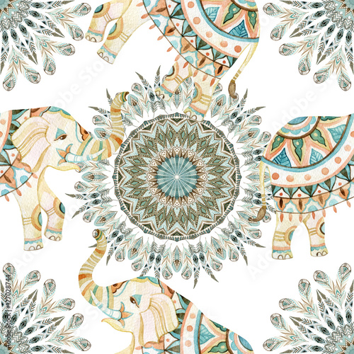 Watercolor ethnic feathers abstract mandala.