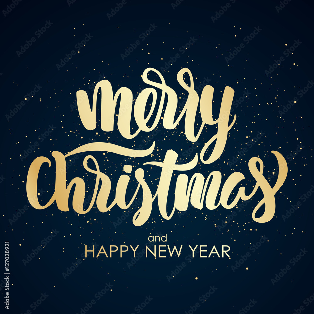 Vector illustration: Merry Christmas and Happy New Year. Golden elegant modern brush lettering.